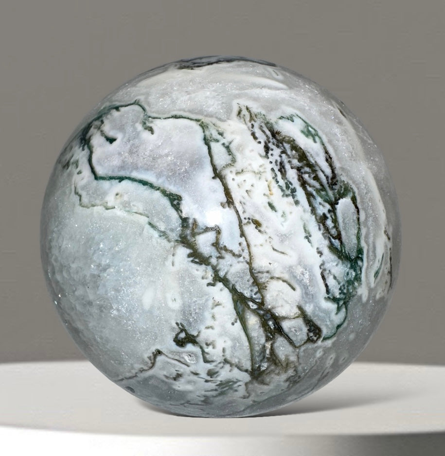 Tree Agate Geode Sphere with Wooden Stand