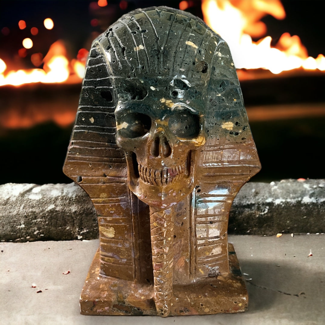 Sea Jasper Pharaoh Skull Carving 7.1"