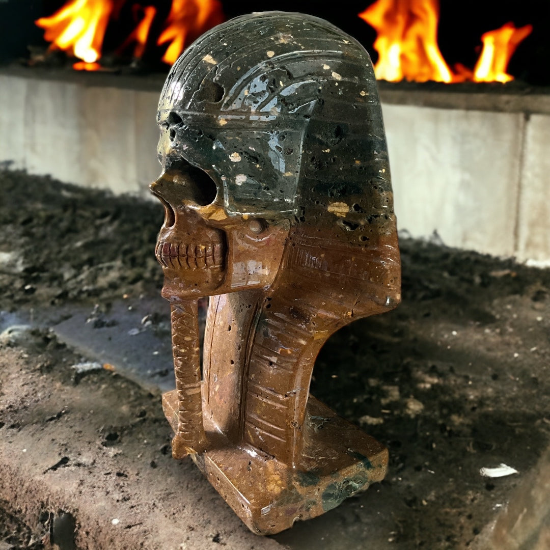 Sea Jasper Pharaoh Skull Carving 7.1"