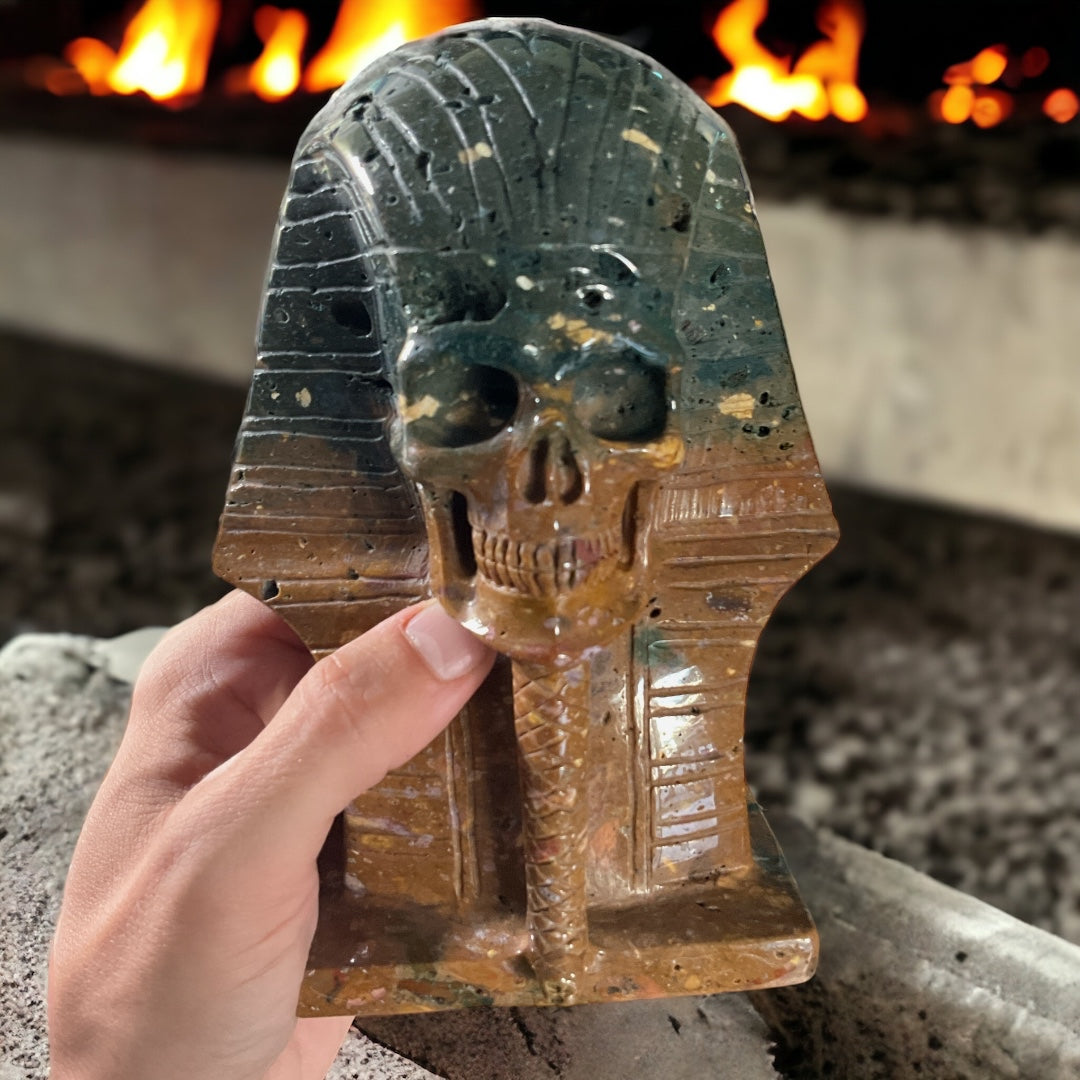 Sea Jasper Pharaoh Skull Carving 7.1"