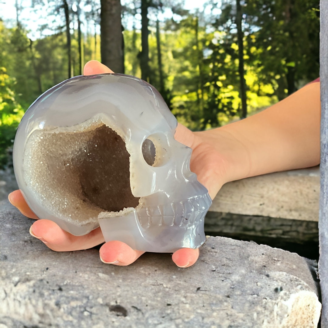 Water Agate Skull Carving with Beautiful Druzy Cavern 5"