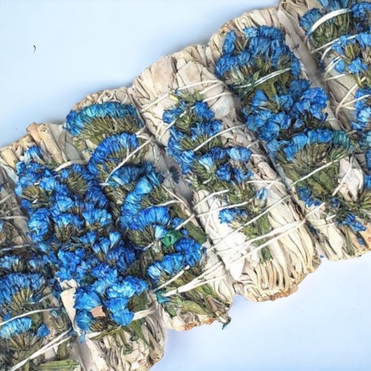 Blue Sinuata Flowers with White Sage - 4"